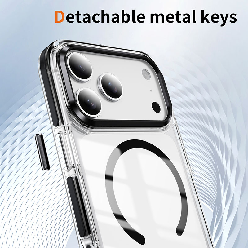Close-up of the Clear Magnetic Case with a detachable metal button cover and matching camera surround