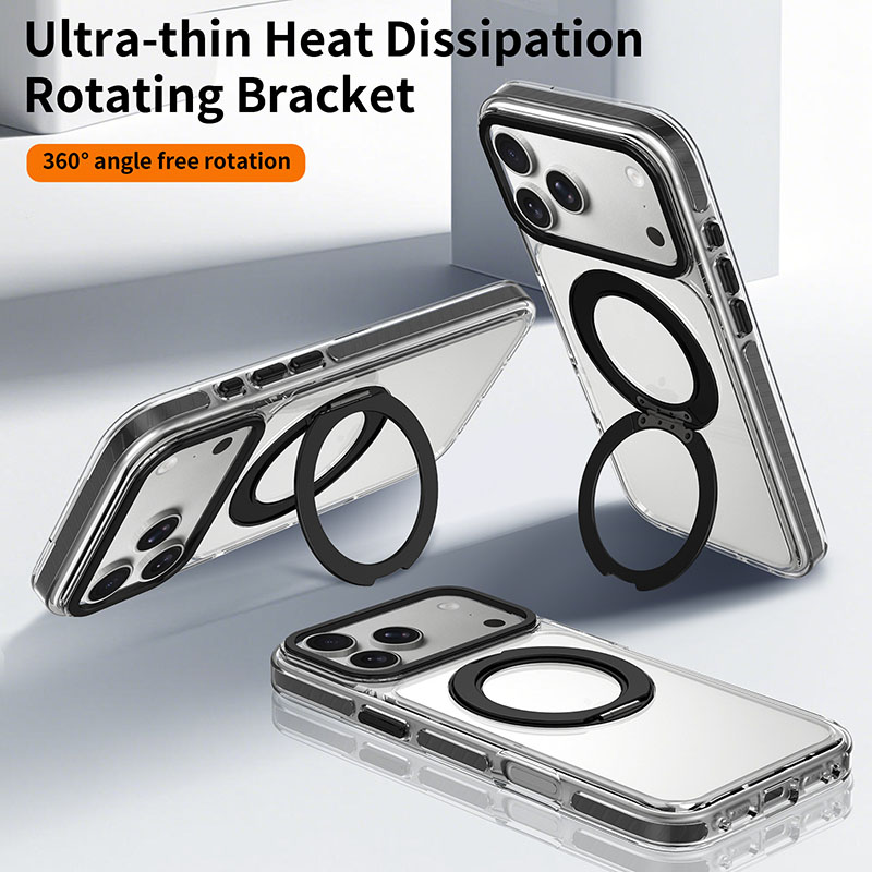 ClearSpin Stand Case in portrait and landscape stand positions, with a third view showing the ring folded against the clear back