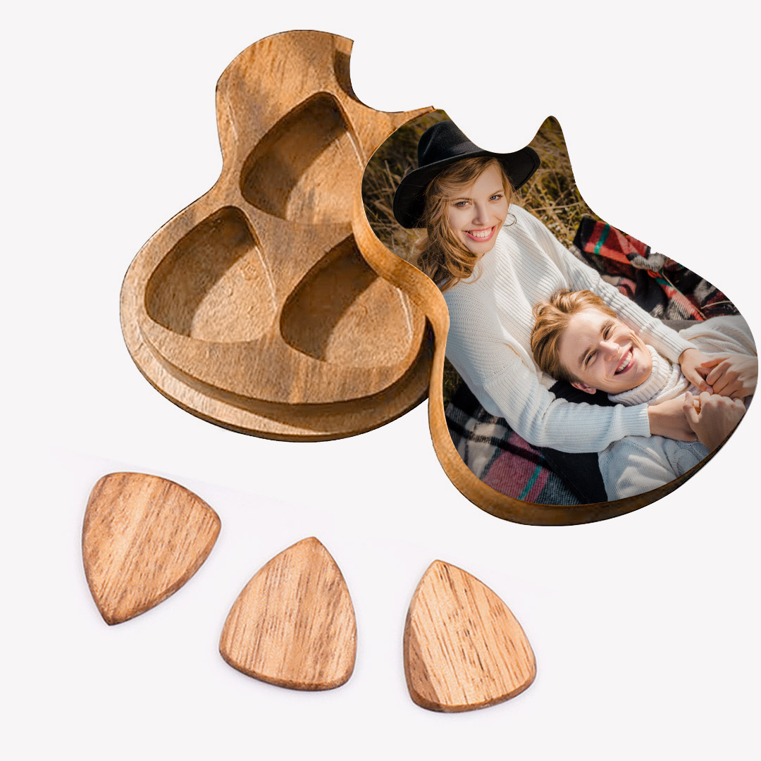 Custom Guitar Pick Holder with 3 Pcs Wooden Guitar Picks, Personalized Guitar Pick Case Box, Engraved Name,Text,Customized Gift for Dad,Husband,Boyfriend,Son,Friends