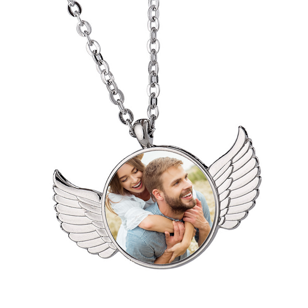 Custom Picture/Photo Necklace for Men Women Personalized Angel Wing Pendant